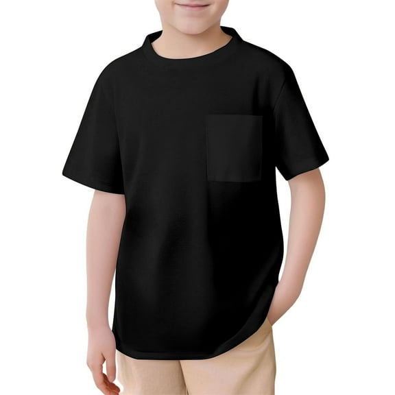 Boys Shirts - Unisex Kids Pocket T-Shirt Soft Short Sleeve Basic Tee Solid Color Crew Neck Playground School Casual Top - Shirts for Boys,Color:Black,Size:4-5 Years