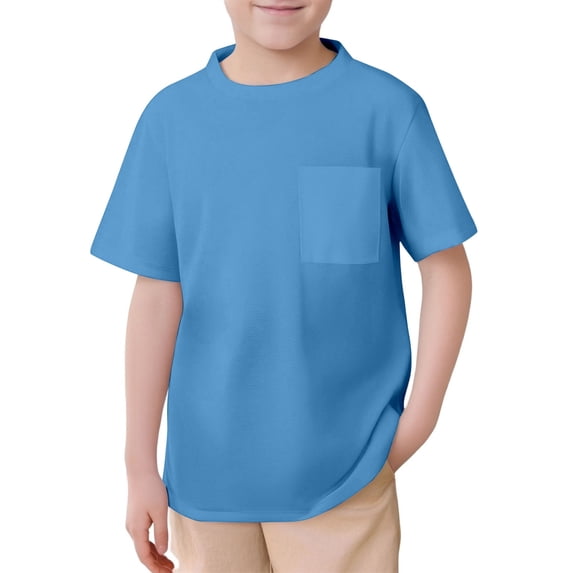 Boys Shirts - Unisex Kids Pocket T-Shirt Soft Short Sleeve Basic Tee Solid Color Crew Neck Playground School Casual Top - Shirts for Boys,Color:Blue,Size:4-5 Years