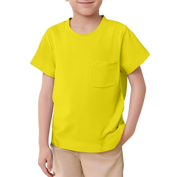 Boys Shirts,Unisex Kids Pocket Tee Short Sleeve Solid Color Crew Neck Shirt Basic Comfortable Top Soft Casual T-Shirt for Wear,Shirts for Boys,Yellow,8-9 Years