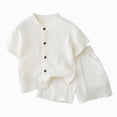 thumbnail image 1 of Boys Short 2 Pieces Set Casual Beach Outfits Button Down Tops Shirts Shorts With Pockets Vacation Sets Kids Summer Clothes Beige 2-3 Years, 1 of 4