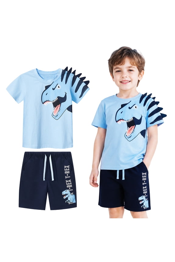Toddler Dino Themed Cotton Short Sets - Blue Dinosaur Tee with Plaid Shorts for 2-7Years