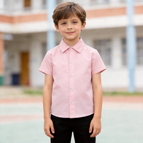 Boys Short Sleeve Button Down Dress Shirts Summer Casual Gentleman Tops Beach Holiday Pink School Uniform Shirt Size 6-7 Years