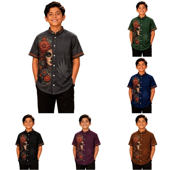 Boys Short Sleeve Button Down Shirt Day Of Dead Mexican Print Collar Casual Top For Halloween School Outdoor