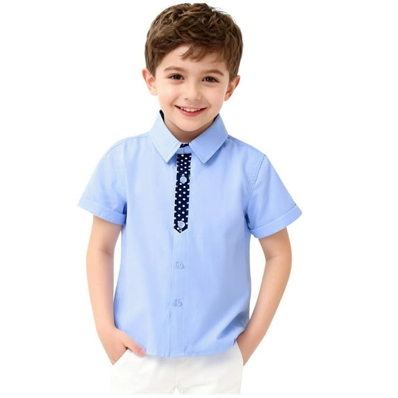 Boys Short Sleeve Button Down Shirt with Built-in Bow Tie, 100% Cotton Light Blue Dress Shirt for Kids Easter Church Wedding,Size 13-14 T