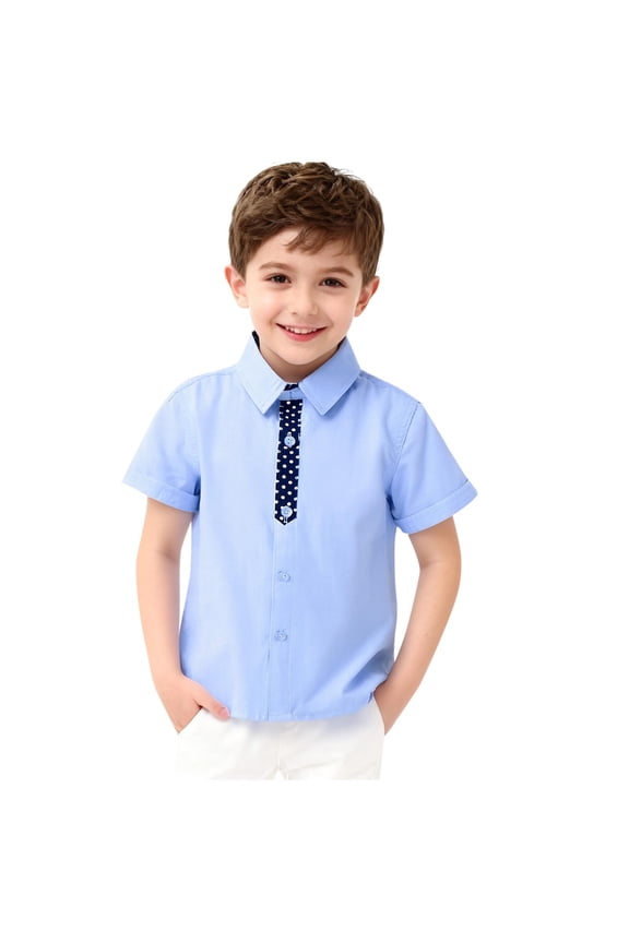 Boys Short Sleeve Button Down Shirt with Built-in Bow Tie, 100% Cotton Light Blue Dress Shirt for Kids Easter Church Wedding,Size 7-8 T