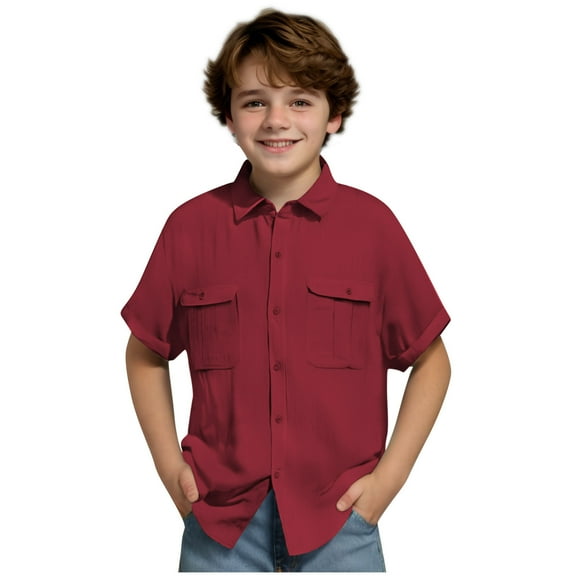 Boys' Short Sleeve Button Down Shirts Summer Cotton Linen Beach Shirt with Two Pockets for Kids 5-14 Years