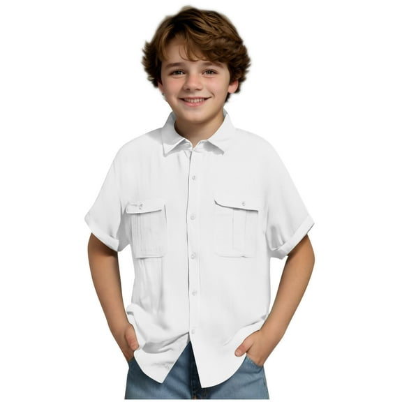Boys' Short Sleeve Button Down Shirts Summer Cotton Linen Beach Shirt with Two Pockets for Kids 5-14 Years