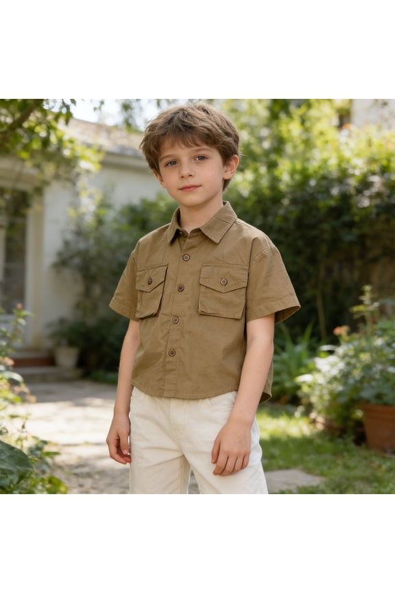 Boys Short Sleeve Cargo Shirt, Flap Pocket Button Down Top with Collar, Casual Utility Shirt for Summer Outdoor Hiking and Daily Wear, Breathable Cotton Blend^