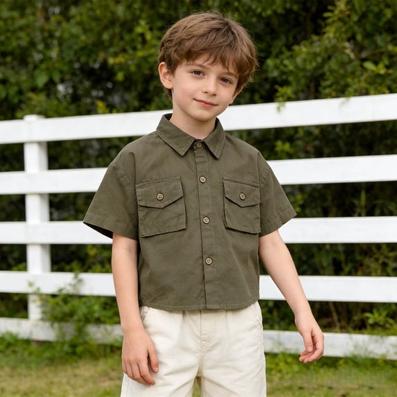 Boys Short Sleeve Cargo Shirt, Flap Pocket Button Down Top with Collar, Casual Utility Shirt for Summer Outdoor Hiking and Daily Wear, Breathable Cotton Blend^