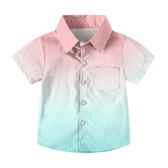 Boys Short Sleeve Casual Shirt Gradient Print with Pocket, Soft Breathable School Uniform Top for Summer, for 2-15 Years
