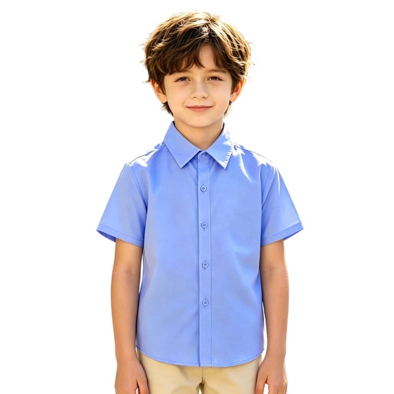 Boys Short Sleeve Collared Shirt Button School Uniform Top Basic Dress Shirt