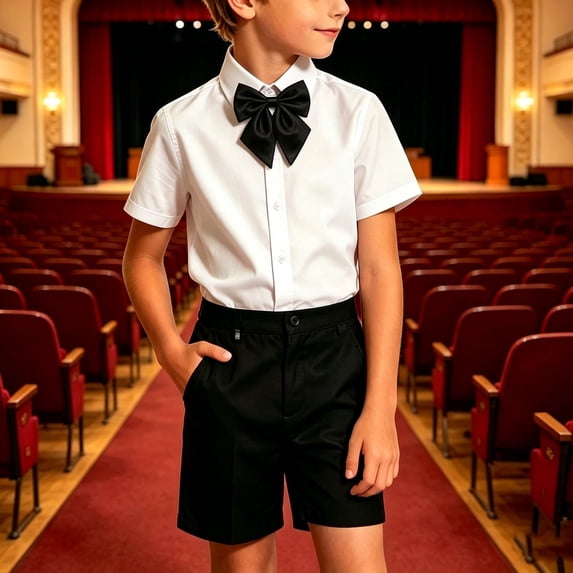 Boys' Short Sleeve Dress Shirt, Shorts & Big Bow Tie 3-Piece Outfit Set, Ideal for Kids Wedding, Graduation, Church Party and Formal Occasions 3-12Years Black 9-10 Years