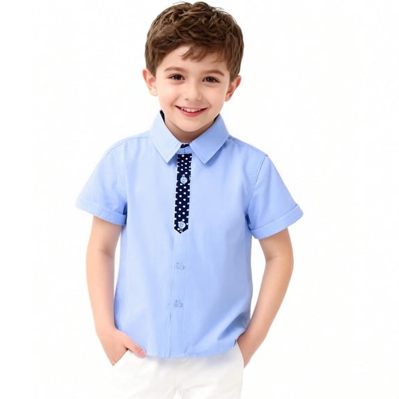 Boys Short Sleeve Dress Shirt with Attached Tie | Cotton Button Down Shirt for School Picture Day,Size 9-10 T