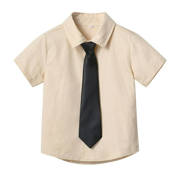 Boys Short Sleeve Dress Shirts Solid Button Down Shirts Summer Formal Uniform Shirt with Pocket,Beige 9-10Y