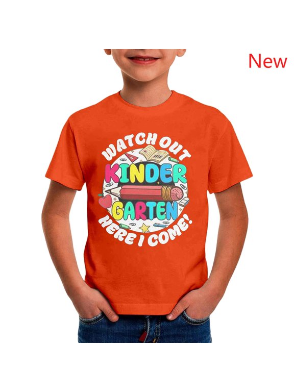 Boys Short Sleeve Graphic T Shirts, Kindergarten Letter Printed Crewneck Tops, Back to School First Day Casual Kids Tees