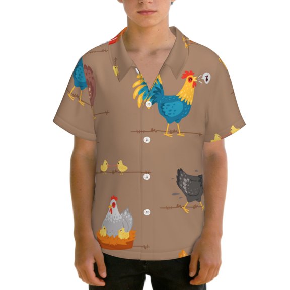 Boys' Short Sleeve Hawaiian Shirt Button Down Beach Tops Summer for Kids Teens, Chicken Cartoon Chick Hen Music