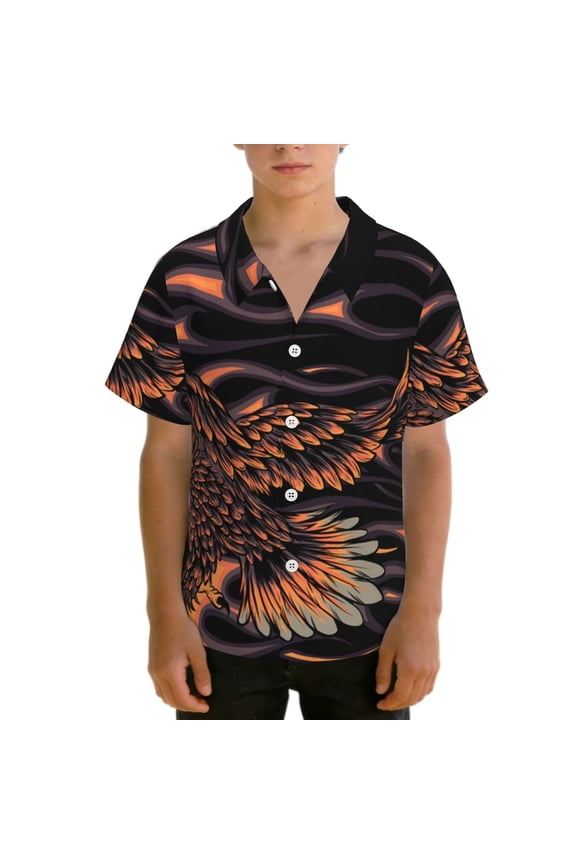 Boys' Short Sleeve Hawaiian Shirt Button Down Beach Tops Summer for Kids Teens, Flaming Eagle Fire