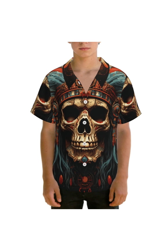 Boys' Short Sleeve Hawaiian Shirt Button Down Beach Tops Summer for Kids Teens, Skull Indian Chief Black