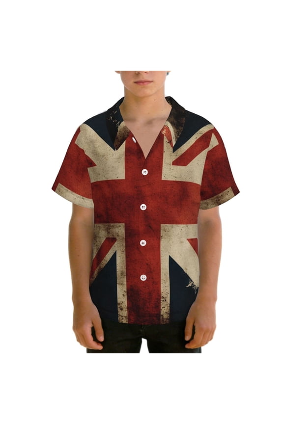 Boys' Short Sleeve Hawaiian Shirt Kids Teens Button Down Beach Tops Breathable, Union Jack Flag Vintage UK