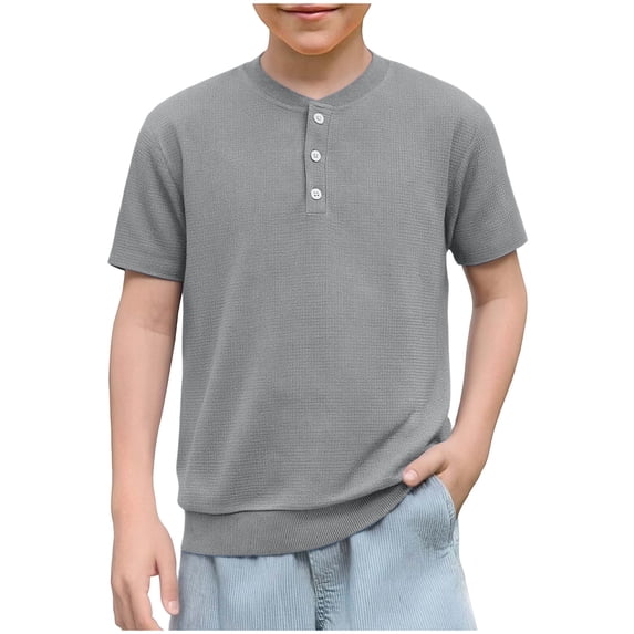 Boys Short Sleeve Henley Shirt Casual Waffle Knit Round Neck Shirt Cotton Button Up Tees for Kids Boys 4-14Y