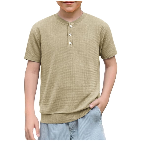 Boys Short Sleeve Henley Shirt Waffle Knit Summer Basic T-Shirts Casual Button Front Tops Tees Years for School