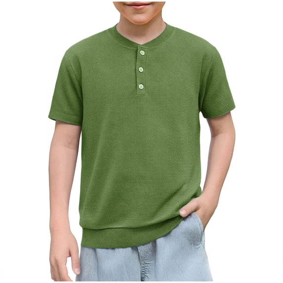 Boys Short Sleeve Henley Shirt Waffle Knit Summer Basic T-Shirts Casual Button Front Tops Tees Years for School
