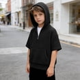 thumbnail image 1 of Boys Short Sleeve Hooded Sweatshirt,Waffle Knit Casual Pullover with Quarter Zip, Lightweight Hoodie for Spring Summer,Youth Kids Tops(Black,9_10 Years), 1 of 4