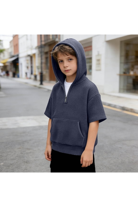 Boys Short Sleeve Hooded Sweatshirt,Waffle Knit Casual Pullover with Quarter Zip, Lightweight Hoodie for Spring Summer,Youth Kids Tops(Navy,7_8 Years)
