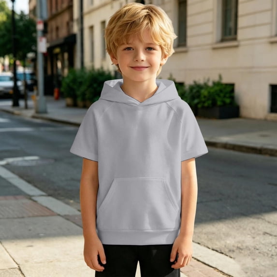 Boys Short Sleeve Hoodie Kids Summer Pullover Shirt with Pocket Lightweight Short Sleeve Hoodie