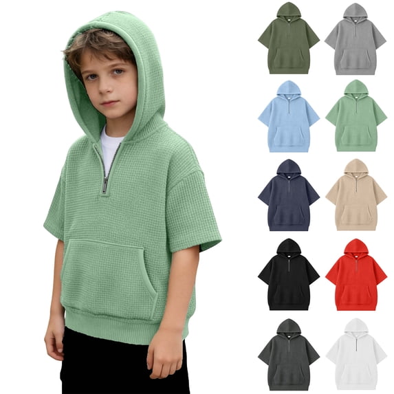 Boys Short Sleeve Hoodie with Pocket Kids Summer Hooded Pullover Shirts Athletic Hoodie Sweatshirt with front Zipper