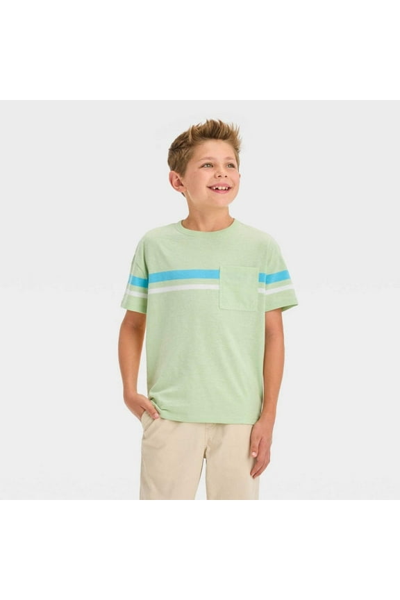 Boys' Short Sleeve Horizontal Chest Striped T-Shirt - Cat Jack Green XS (4/5)