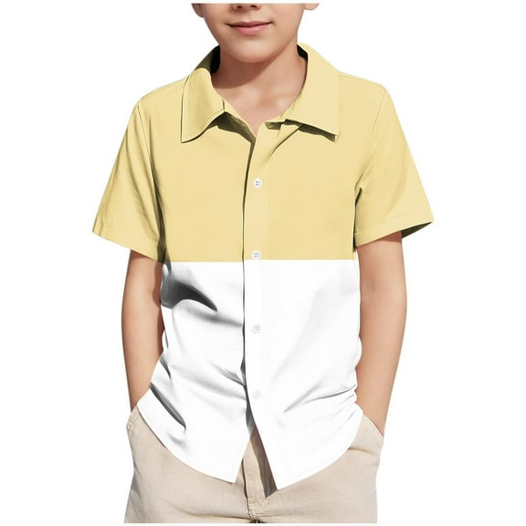 Boys Short Sleeve Lapel Shirts Trendy Colorblock Casual Summer Loose Tops Button Down Beach Shirt for 5-15 Years
