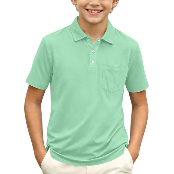 Boys Short Sleeve Polo Shirt Kids Casual Button-Down Collared Top with Chest Pocket and Side Slit Breathable School Uniform & Everyday Wear for Children 110