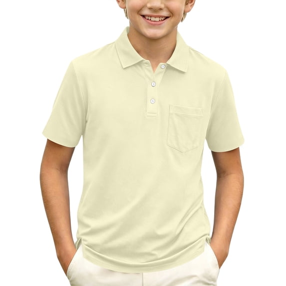 Boys Short Sleeve Polo Shirt Kids Casual Button-Down Collared Top with Chest Pocket and Side Slit Breathable School Uniform & Everyday Wear for Children 150