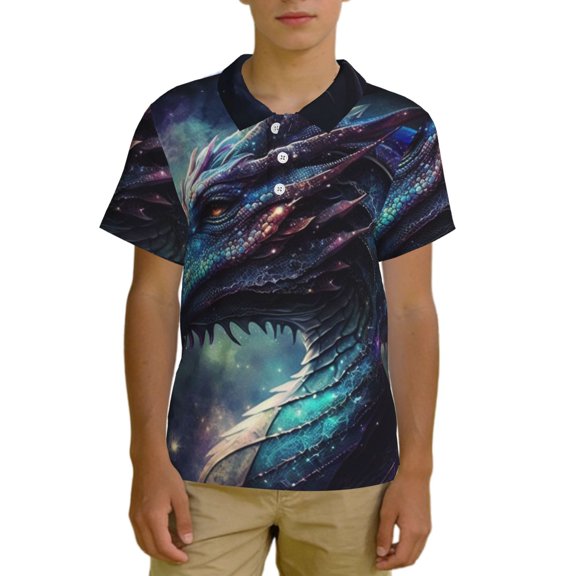Boys Short Sleeve Polo Shirt Top Kids Casual Breathable Golf Top, Dragon Cool Art Galaxy