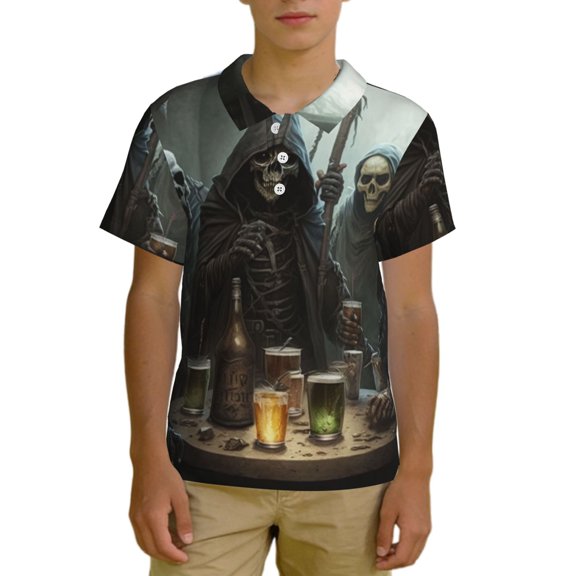 Boys Short Sleeve Polo Shirt Top Kids Casual Breathable Golf Top, Grim Reaper Party Funny Skull