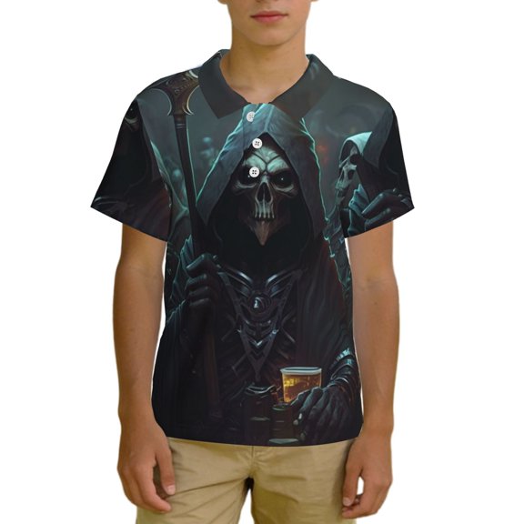 Boys Short Sleeve Polo Shirt Top Kids Casual Breathable Golf Top, Grim Reaper Party Skull Cool