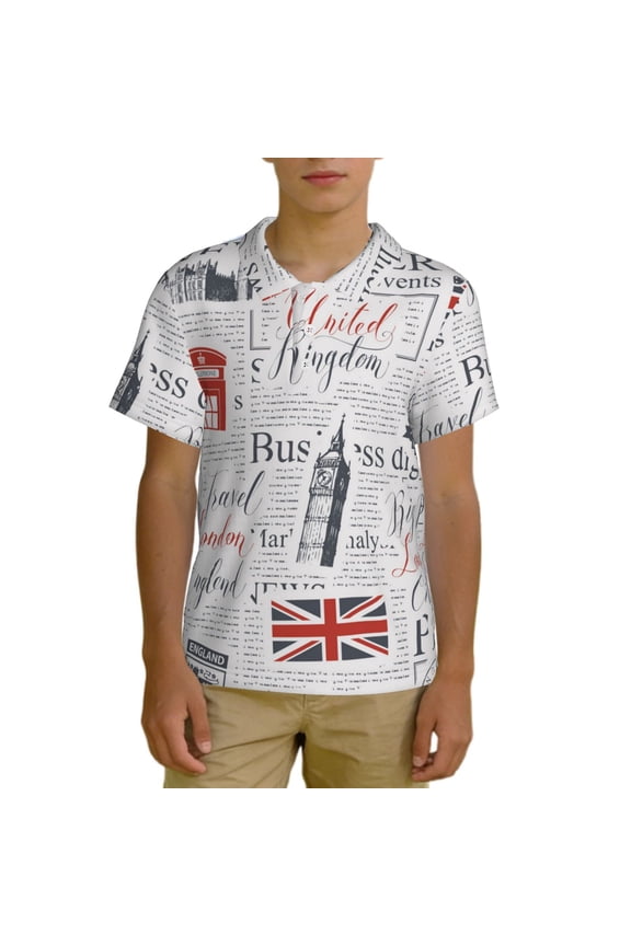 Boys Short Sleeve Polo Shirt Top Kids Casual Breathable Golf Top, Uk And London British Vintage Newspaper
