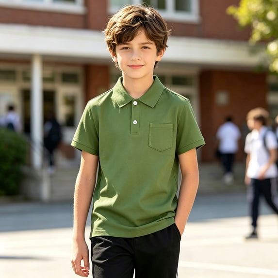 Boys Short Sleeve Polo Shirts Kids Army Green Casual Button School Uniform Shirts with Chest Pocket 4T