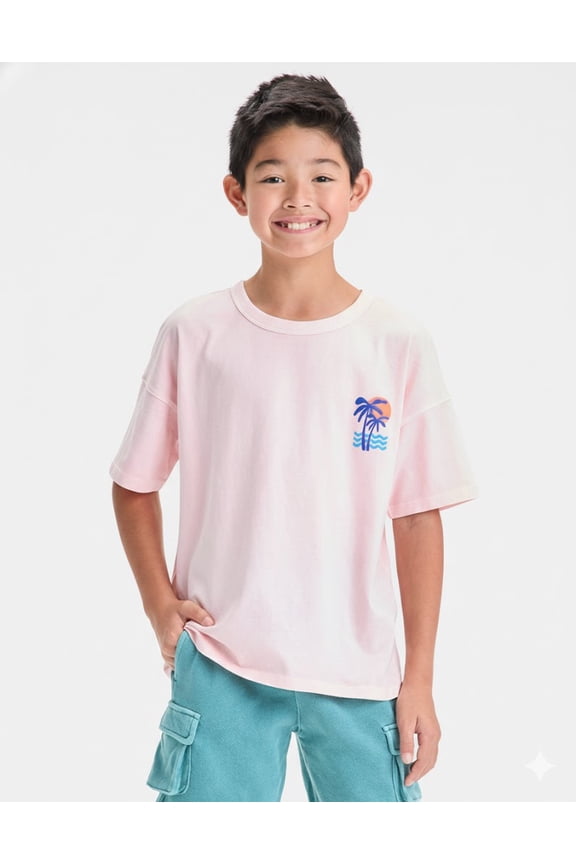 Boys' Short Sleeve Relaxed Fit T-Shirt - Pink M: Cotton Crew Neck Graphic Tee, Botanical Pattern