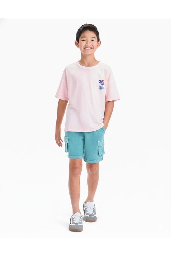 Boys' Short Sleeve Relaxed Fit T-Shirt - Pink XS: 100% Cotton, Crew Neck, Botanical Tree Graphic, Jersey Fabric