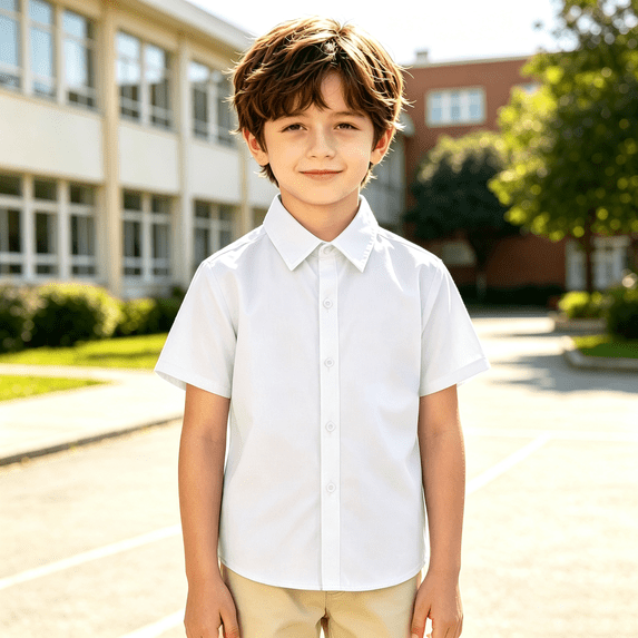 Boys Short Sleeve Shirts Button Down Dress Top Solid Color Plain Front Casual Tops for Kids School Uniform Formal 4-16Y White 130