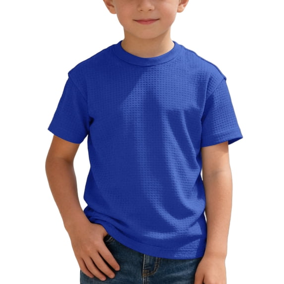 Boys Short Sleeve T-Shirt - Kids Waffle Crewneck Tee Solid Color Basic Tops for Toddler Youth Ages 3-13 Summer Casual Wear(Blue/110)
