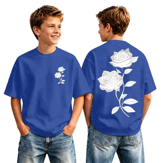 Boys Short Sleeve T-Shirt Rose Print Crew Neck Loose Casual Tops for School Outdoor Holiday Size 12-13T