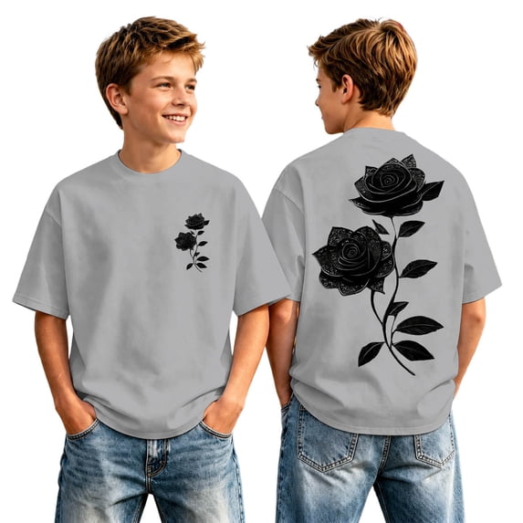 Boys Short Sleeve T-Shirt Rose Print Crew Neck Loose Casual Tops for School Outdoor Holiday Size 2-3T