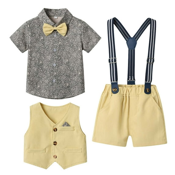 Boys Short Sleeve T-Shirt Shorts Overalls and Vest Set for Toddler Casual Vintage Three-piece Set Photography Performance Outfits