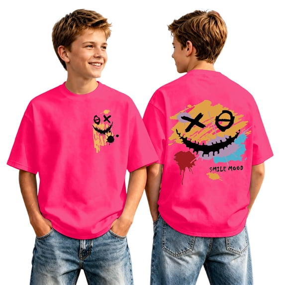 Boys Short Sleeve T-Shirt Smiling Face Print Crew Neck Loose Casual Tops for School Outdoor Holiday Size 2-3T