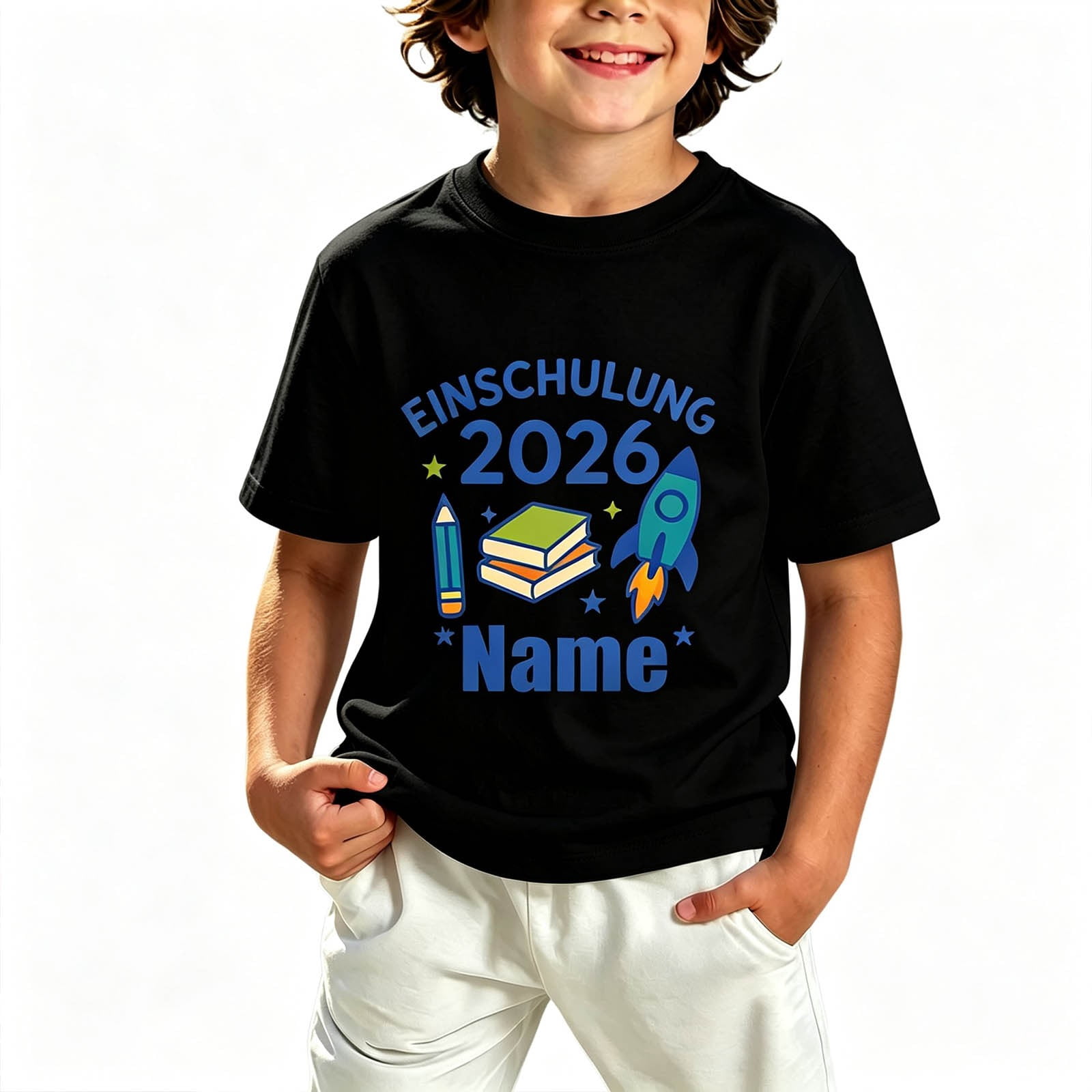 Outside School Sign Boys Short Sleeve T-Shirt Stationery Einschulung 2026 Print Crew Neck ...