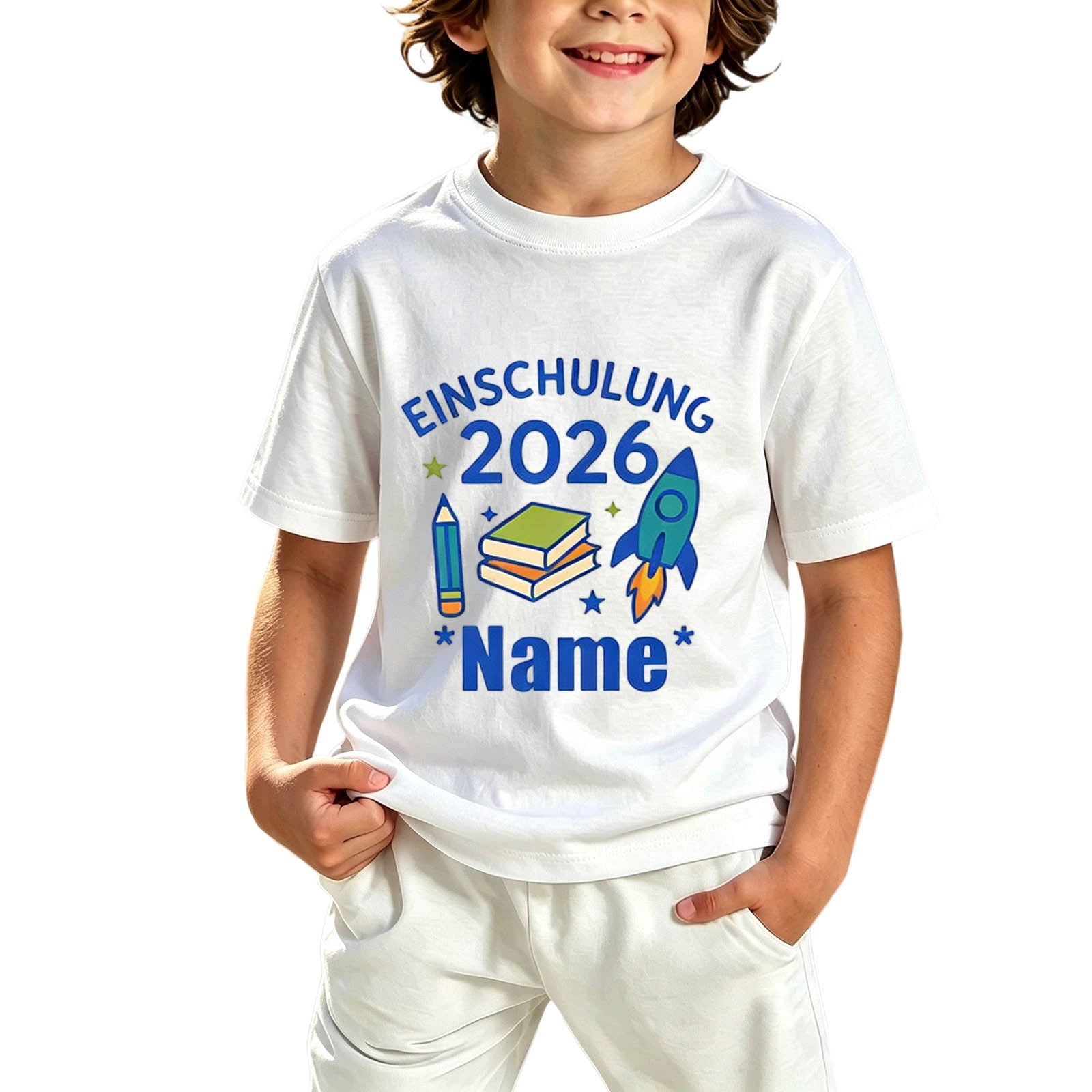 Outside School Sign Boys Short Sleeve T-Shirt Stationery Einschulung 2026 Print Crew Neck ...