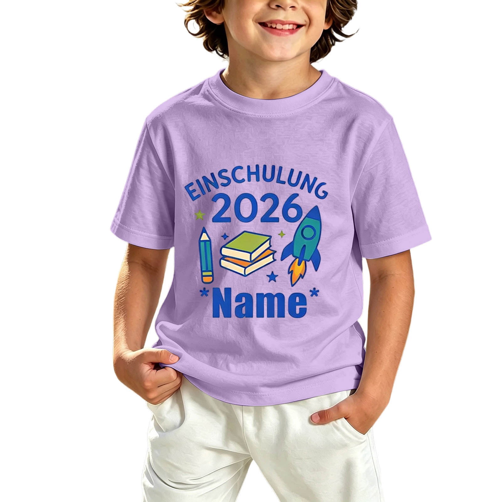 Outside School Sign Boys Short Sleeve T-Shirt Stationery Einschulung 2026 Print Crew Neck ...